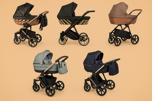 Kolaż pięciu nowoczesnych, wielofunkcyjnych wózków dziecięcych wielofunkcyjnych w różnych kolorach (czarny, brąz, szary, granat) i stylach.